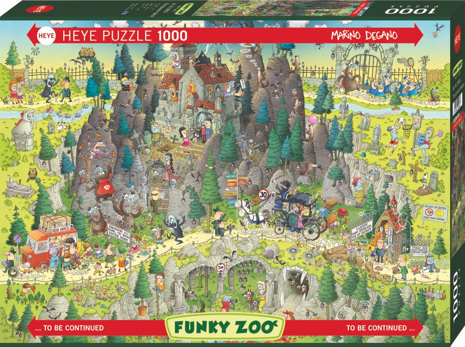 A 1000-piece jigsaw puzzle box depicting a cartoonish transylvanian habitat scene with various characters and elements, such as bears, bats, and a castle.