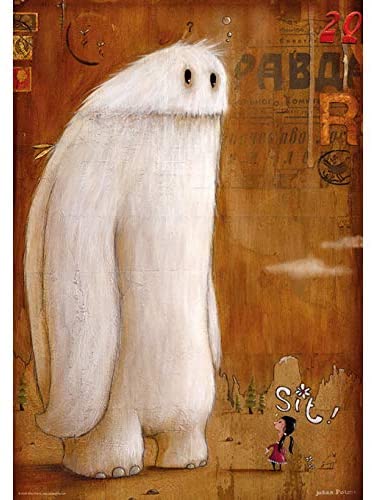 A heye 500-piece jigsaw puzzle "sit!" depicting a whimsical white monster character, with artwork by Johan Potma.