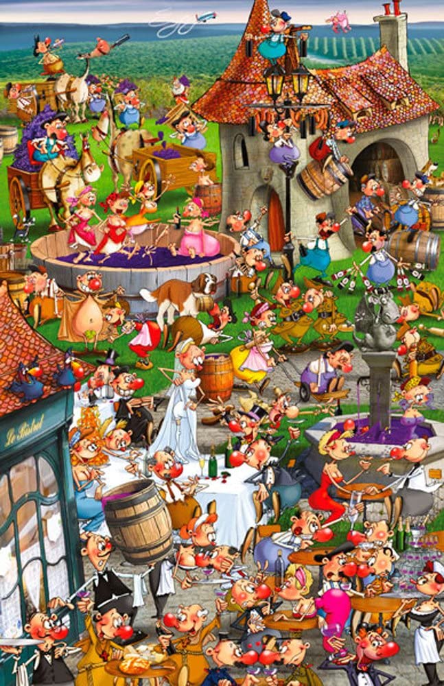 A colorful 1000-piece piatnik jigsaw puzzle depicting a cartoon wine-making scene with numerous characters, buildings, and activities.
