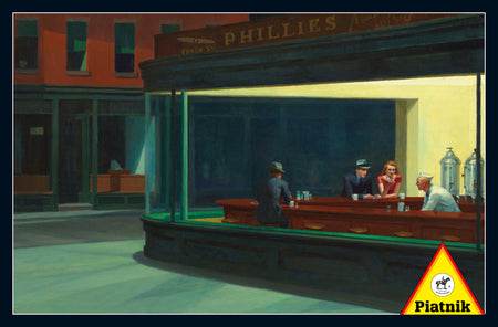 A 1000-piece piatnik jigsaw puzzle depicting a scene with a man, woman, and bartender in a dimly lit bar, titled 'Nighthawks' by Edward Hopper.